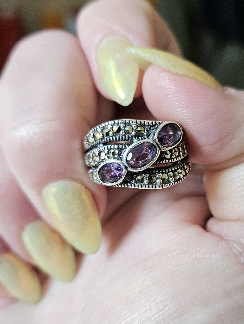 Vintage Sterling Silver, Amethyst, & Marcasite Ring